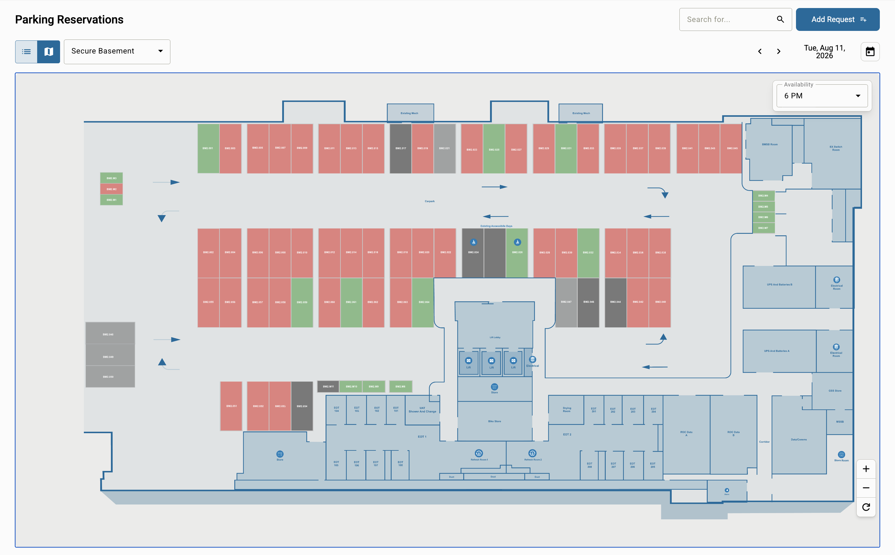 Parking reservations map showing available and allocated bays