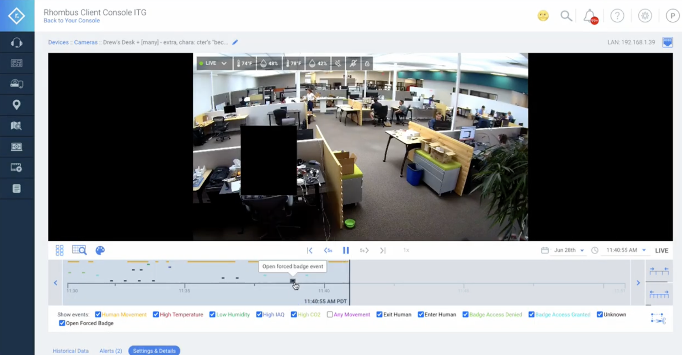 Rhombus console example showing camera playback with badge-access events on the video timeline