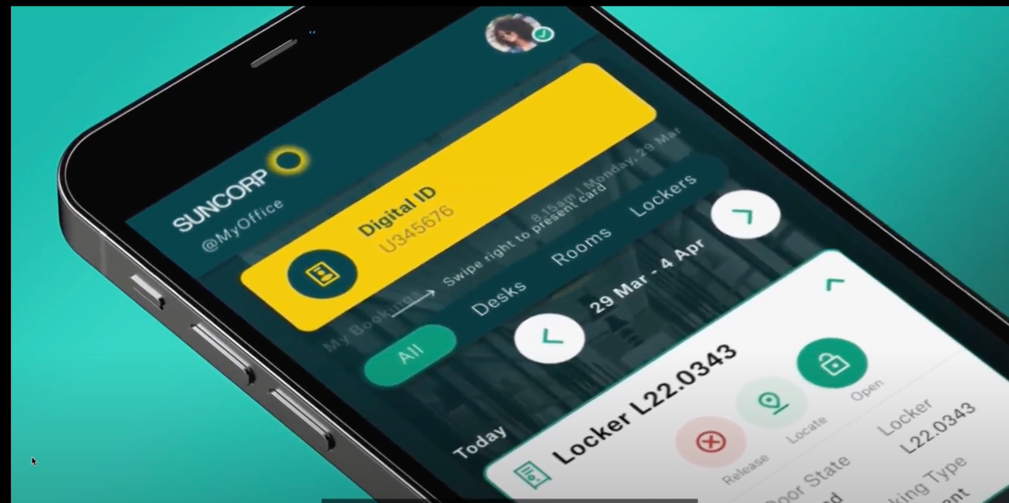 Suncorp @MyOffice app showing a digital ID, desk and room bookings, and locker controls