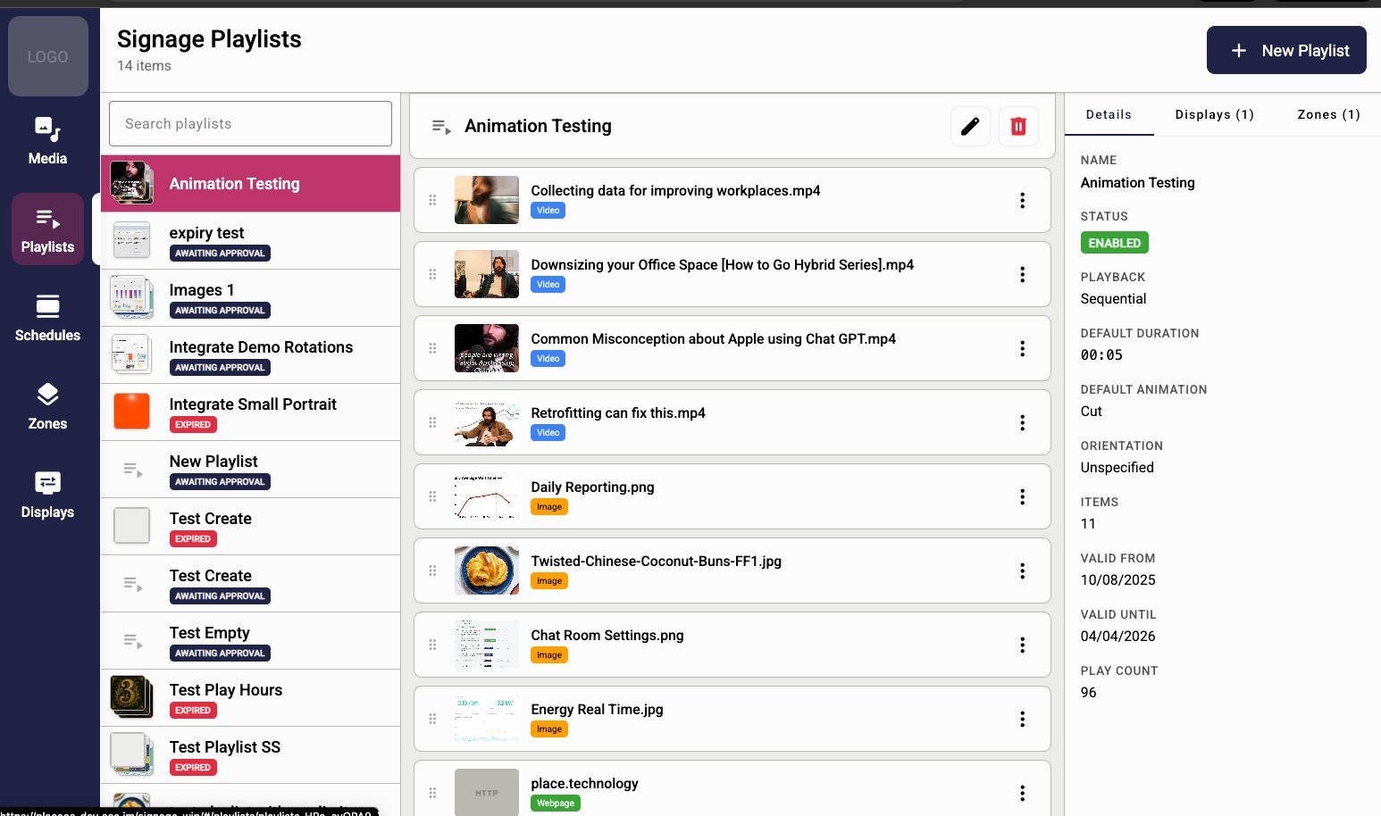 PlaceOS Digital Signage — Playlist management showing Animation Testing playlist with videos, images, and webpages