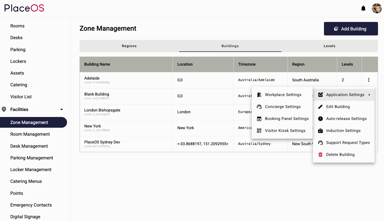 PlaceOS Concierge admin interface showing Zone Management with buildings across Adelaide, London, New York, and Sydney — with settings for Workplace, Concierge, Booking Panels, Application Settings, and more