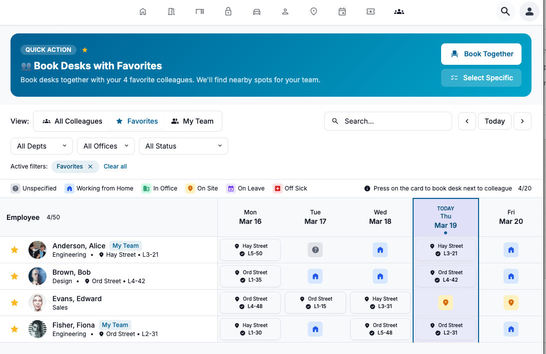 WorkMate colleague schedule showing weekly view with favourites, status indicators, and book desks together feature